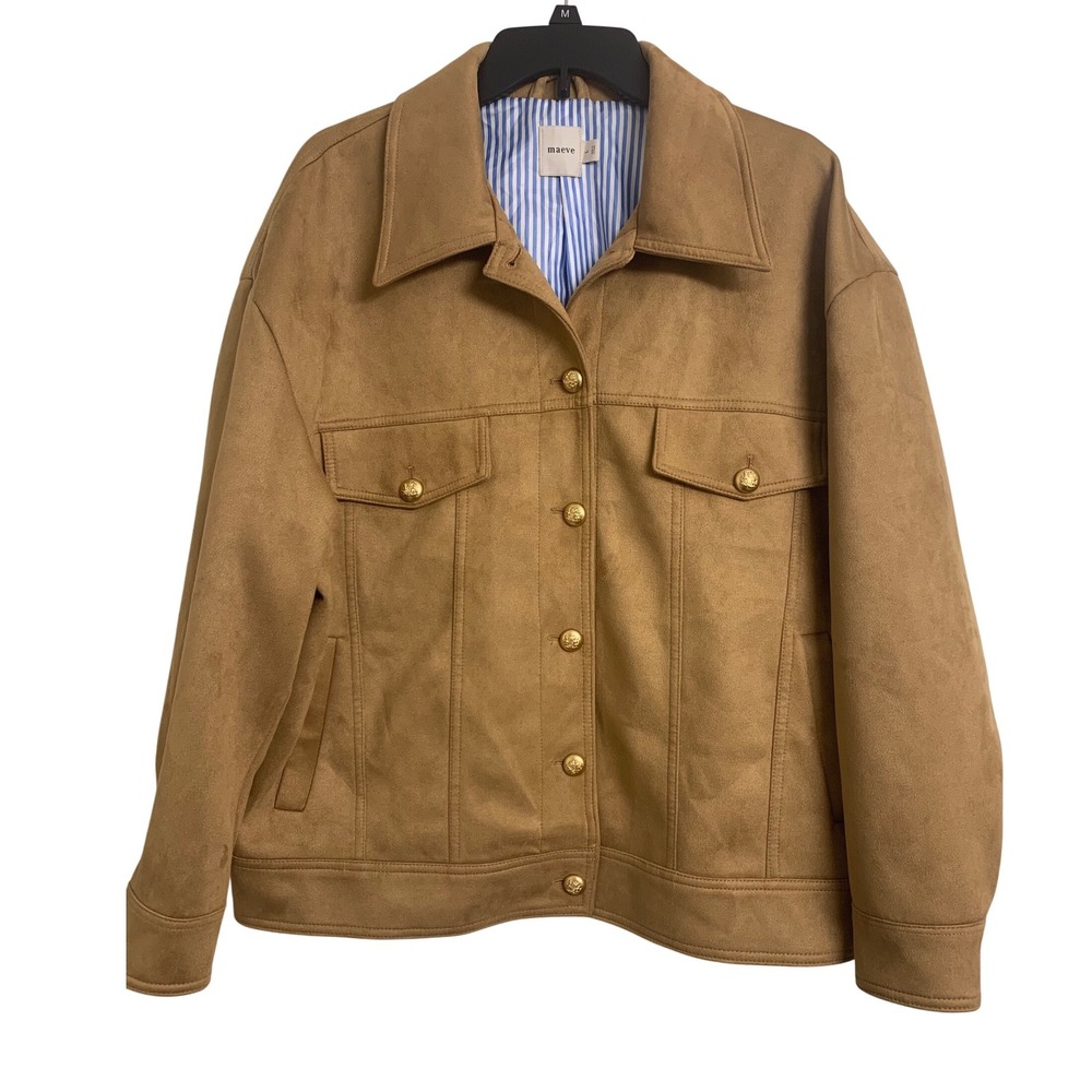 Maeve Anthropologie Tan Faux Suede Trucker Jacket Gold Crest Buttons  L